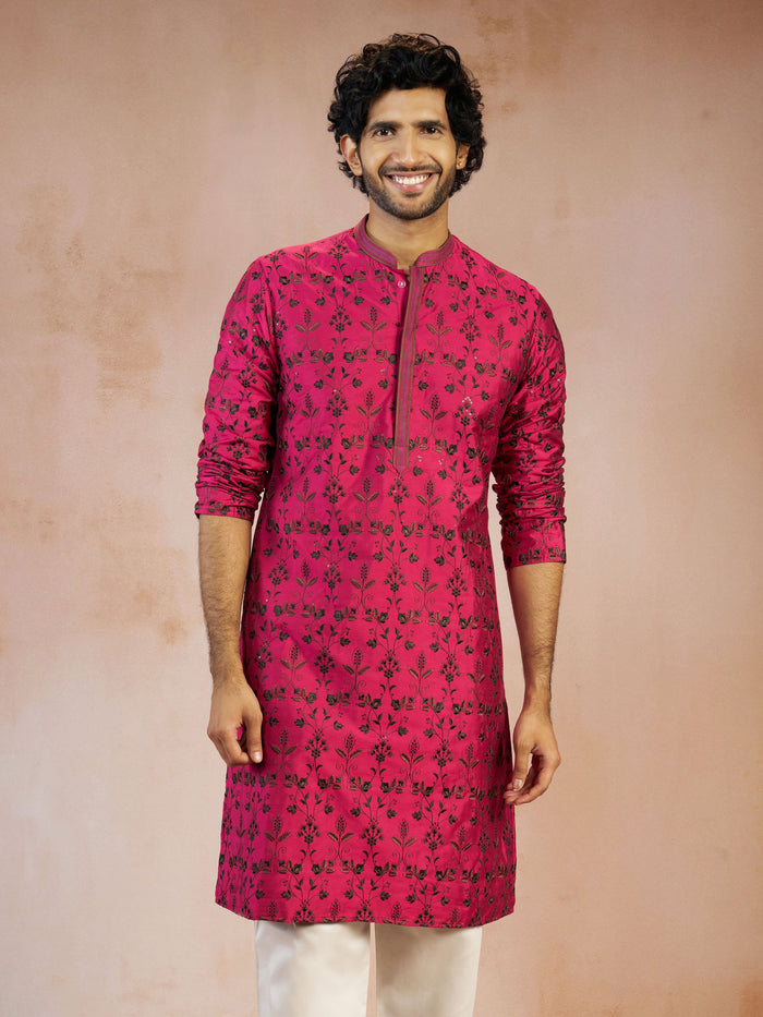 Men's Falsa All-Over Floral Thread Embroidered Viscose Silk Straight Kurta