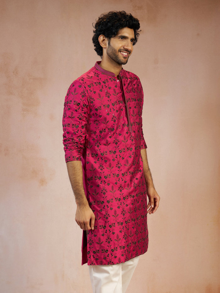 Men's Falsa All-Over Floral Thread Embroidered Viscose Silk Straight Kurta