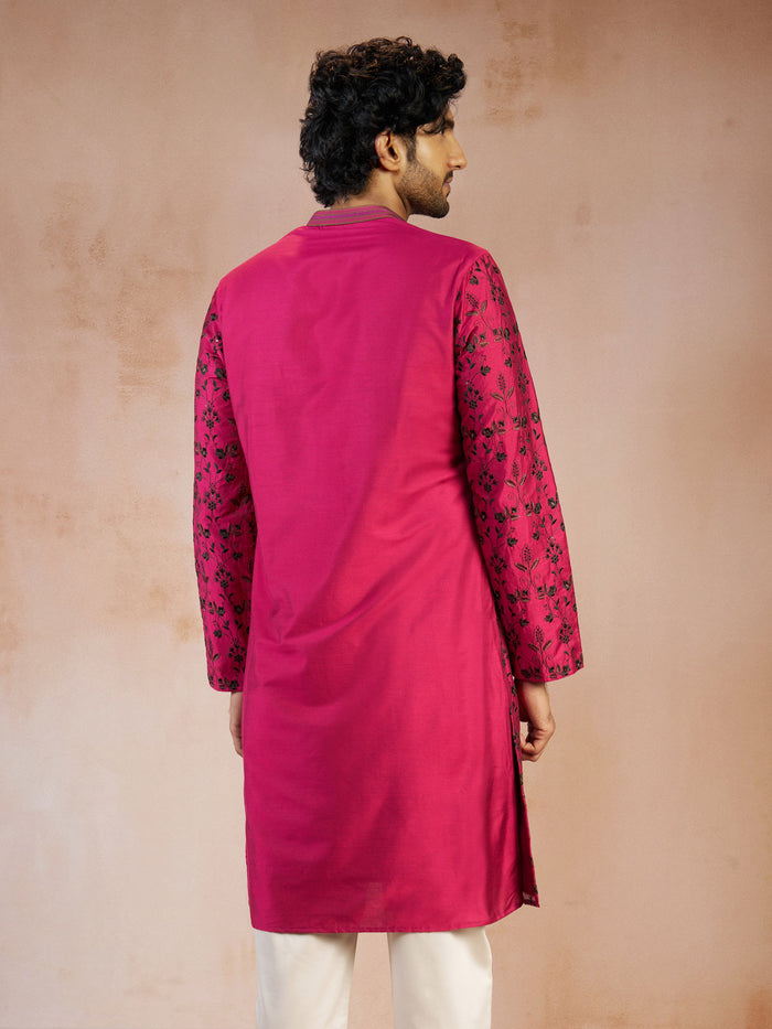 Men's Falsa All-Over Floral Thread Embroidered Viscose Silk Straight Kurta