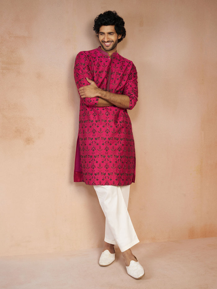 Men's Falsa All-Over Floral Thread Embroidered Viscose Silk Straight Kurta