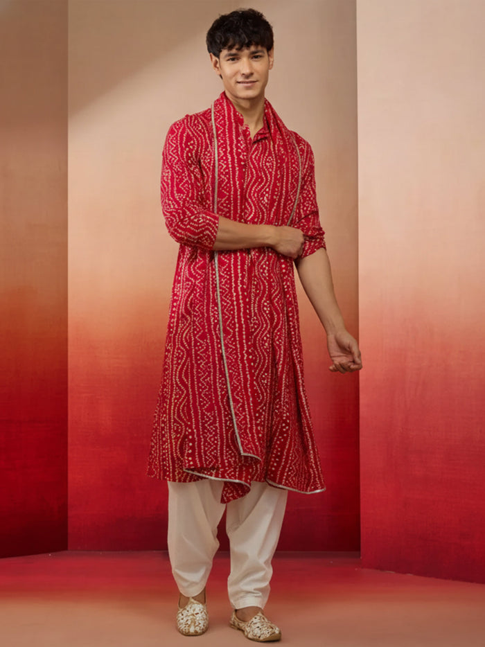 Men's Falsa Bandhni Print Kurta Set with Dupatta