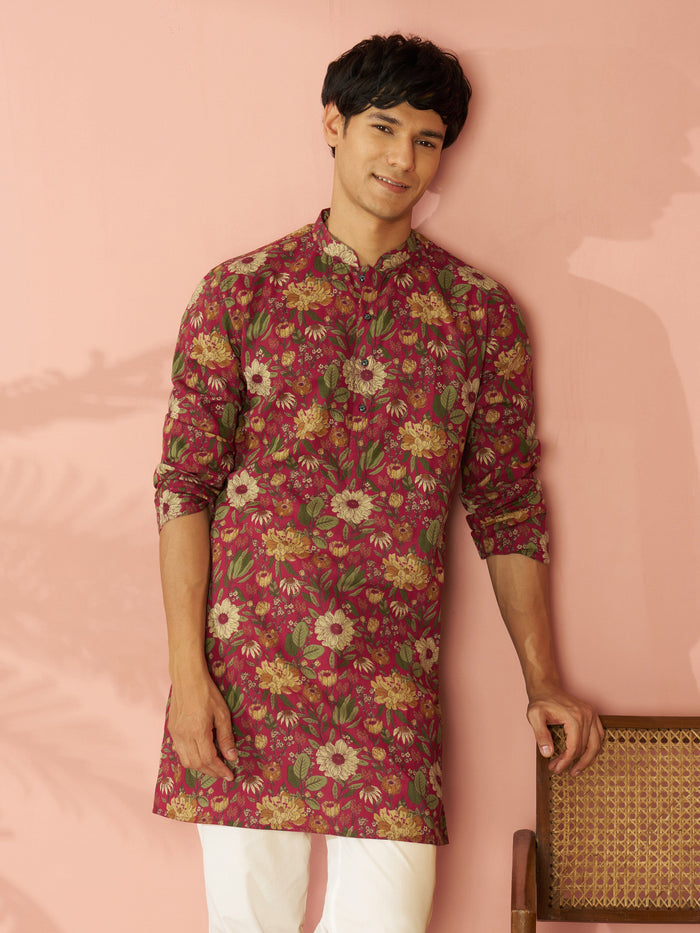 Men's Falsa Cotton Floral Printed Mid-Length Kurta