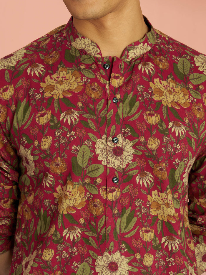 Men's Falsa Cotton Floral Printed Mid-Length Kurta