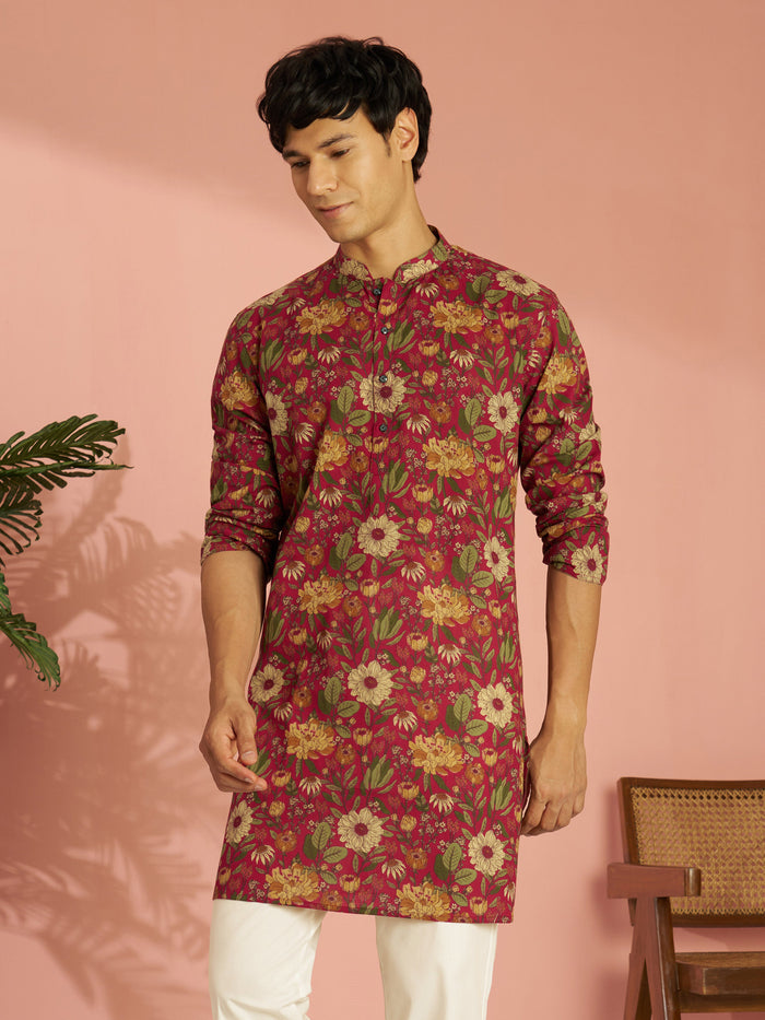 Men's Falsa Cotton Floral Printed Mid-Length Kurta