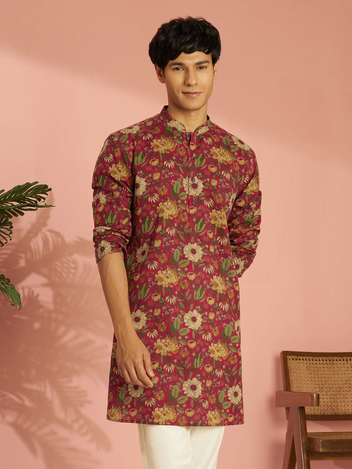 Men's Falsa Cotton Floral Printed Mid-Length Kurta