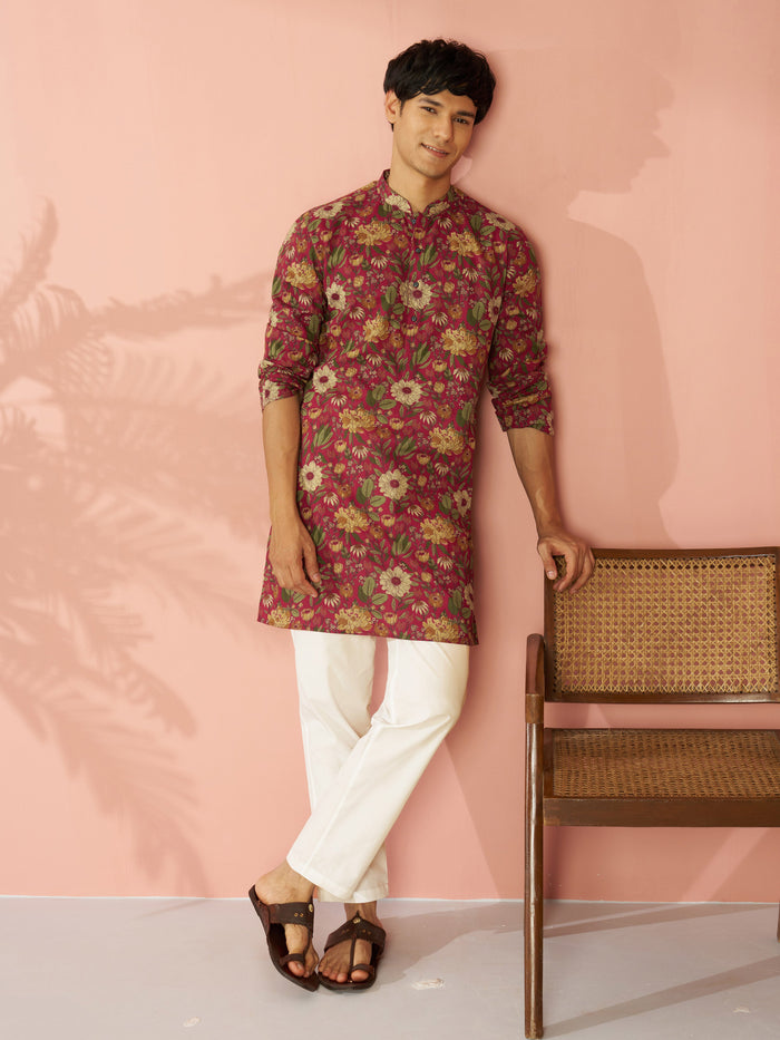 Men's Falsa Cotton Floral Printed Mid-Length Kurta