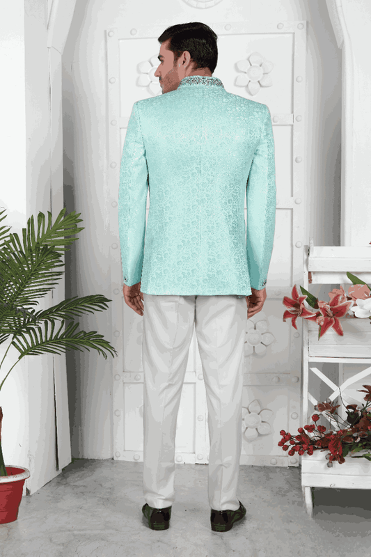 Men's Firozi Green Jacquard Silk Embroidery Jodhpuri Jacket