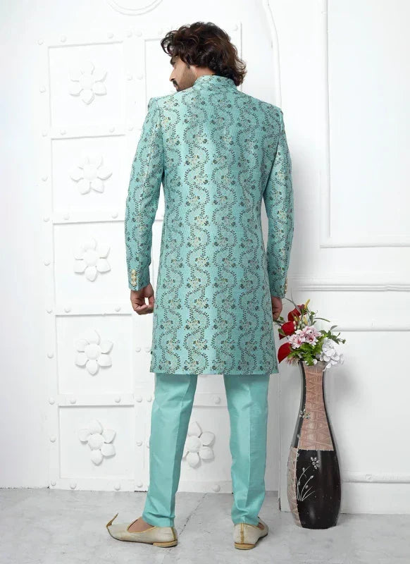 Men's Firozi Jacquard Silk Embroidery Indo Western Set