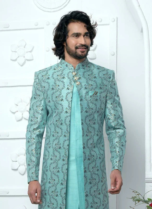 Men's Firozi Jacquard Silk Embroidery Indo Western Set