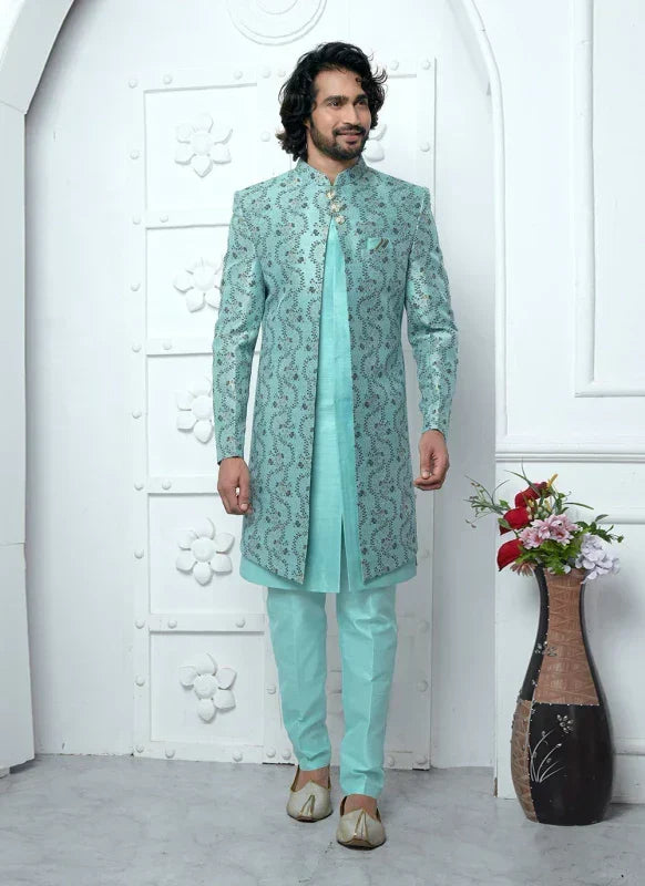 Men's Firozi Jacquard Silk Embroidery Indo Western Set