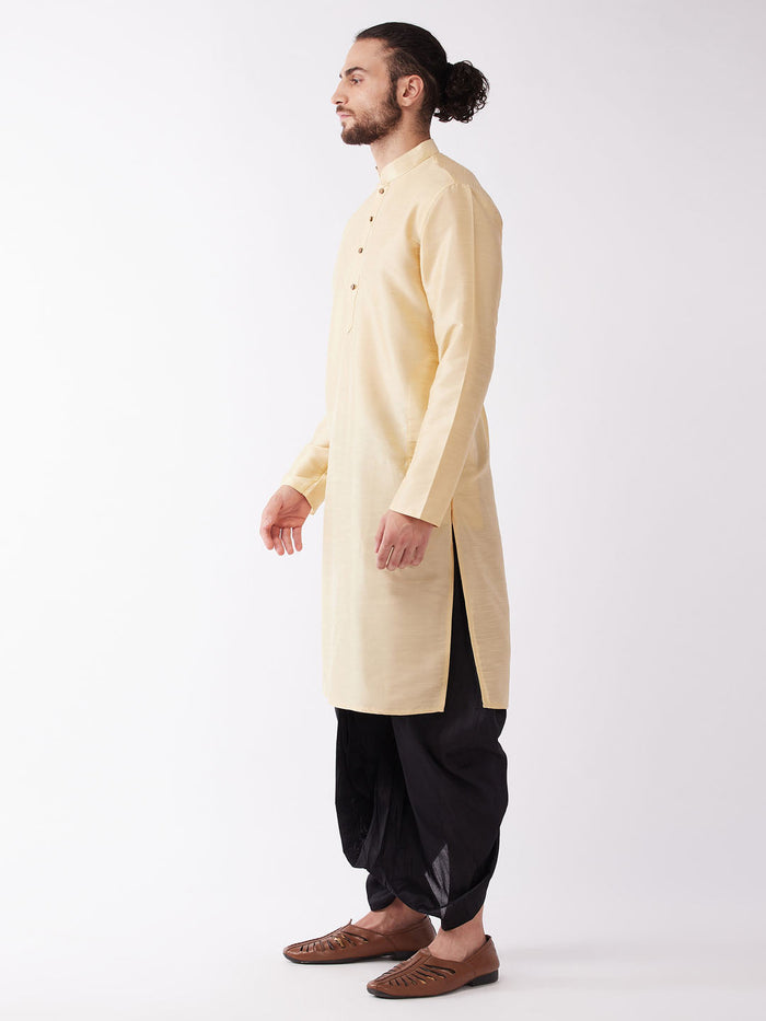 Men's Gold  Silk Blend Kurta And Black Dhoti Set