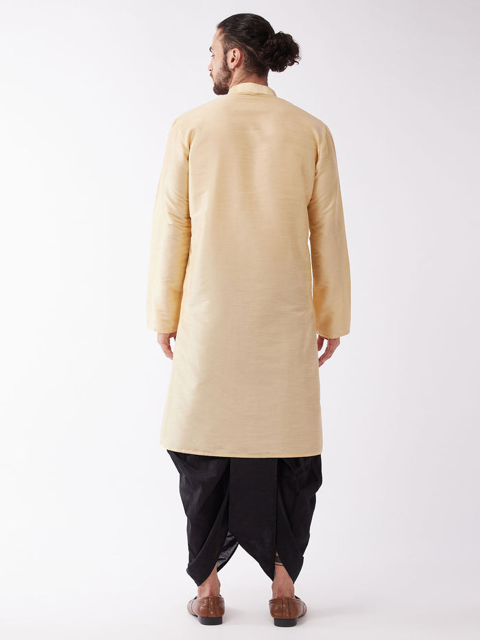 Men's Gold  Silk Blend Kurta And Black Dhoti Set