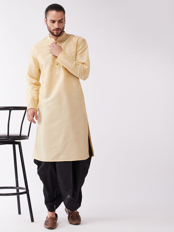 Men's Gold  Silk Blend Kurta And Black Dhoti Set