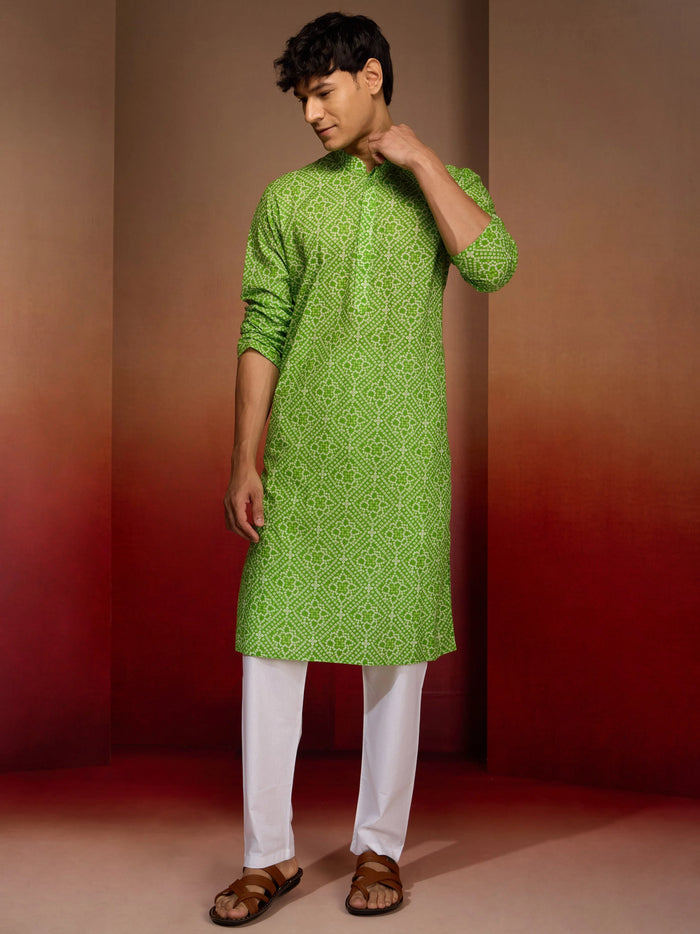 Mens Green Bandhani Kurta with Pyjama
