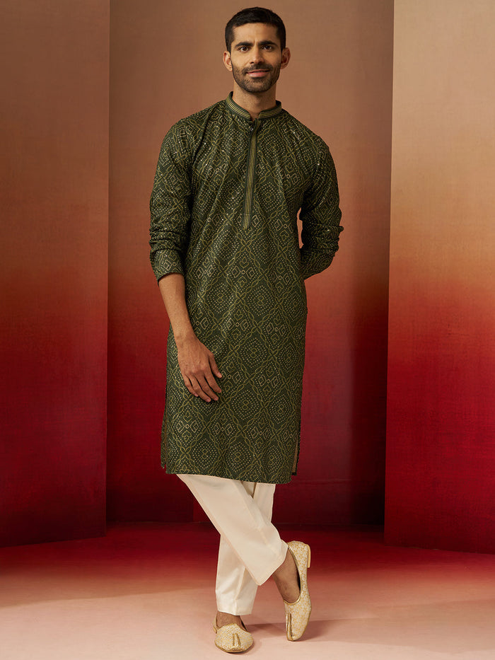 Men's Green Bandhni Gems Work Kurta Pyjama Set