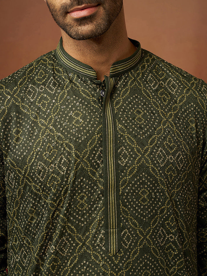 Men's Green Bandhni Gems Work Kurta Pyjama Set