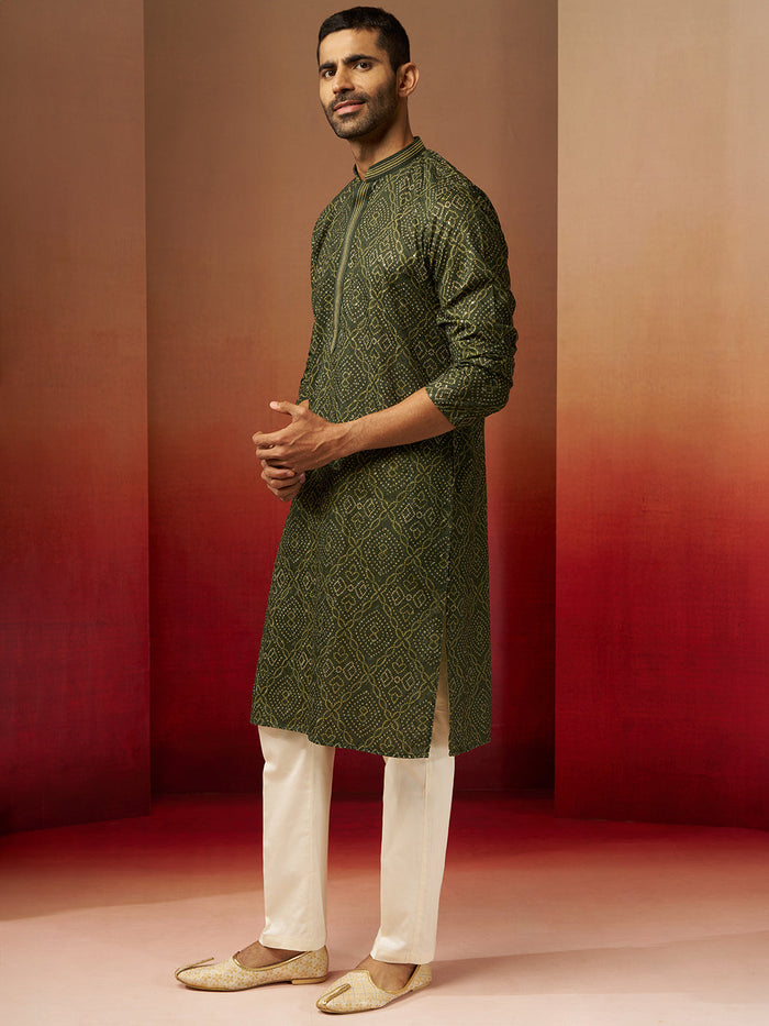 Men's Green Bandhni Gems Work Kurta Pyjama Set
