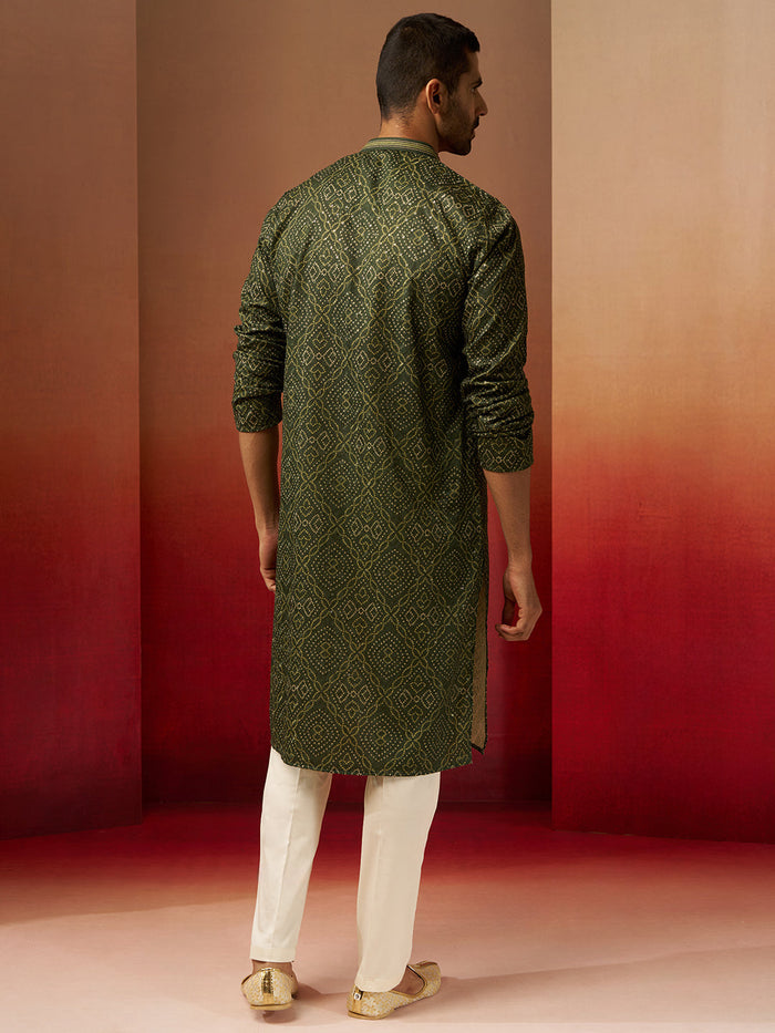 Men's Green Bandhni Gems Work Kurta Pyjama Set