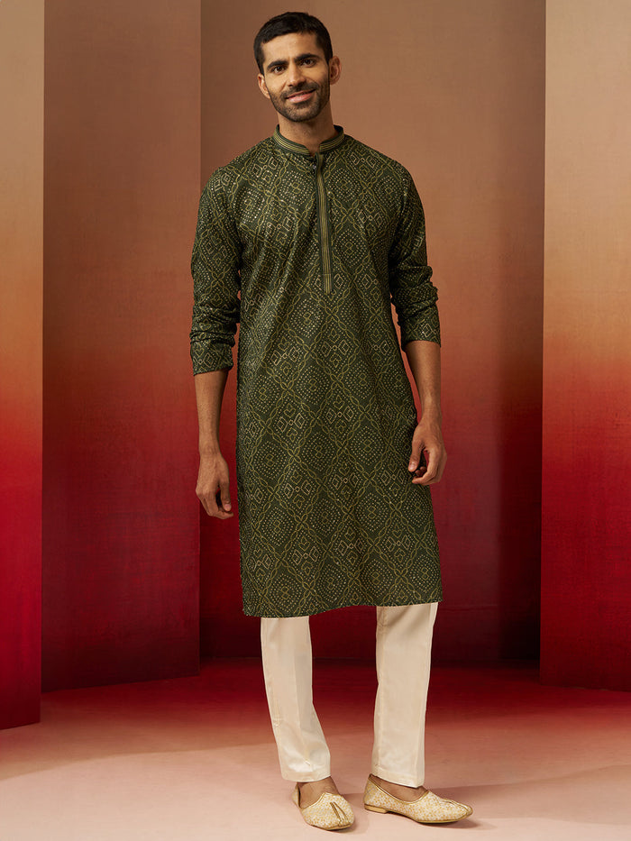 Men's Green Bandhni Gems Work Kurta Pyjama Set