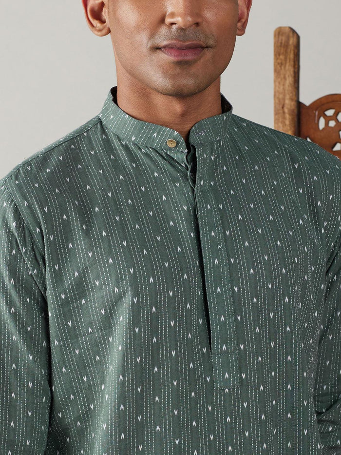 Men's Green Cotton Jacquard Kurta With White Pant Set