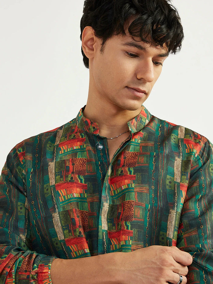 Men's Green Crepe Kurta And Pyjama Set