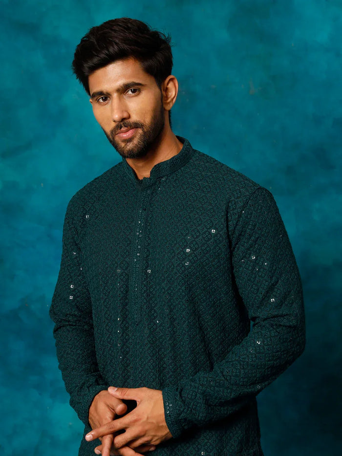 Men's Green Rayon Schiffli Kurta And Pant Set