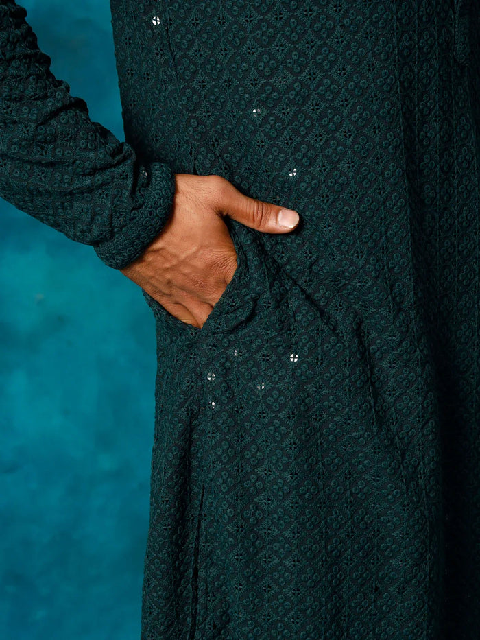 Men's Green Rayon Schiffli Kurta And Pant Set
