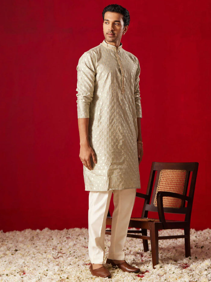 Men's Green Silk Blend Jacquard Kurta With Pant Set