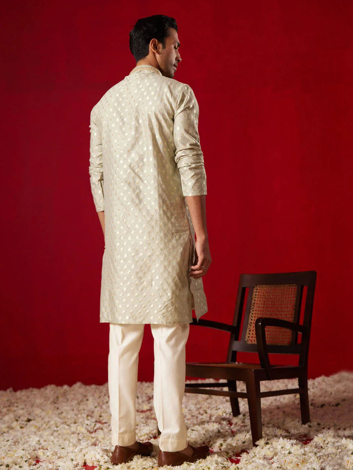 Men's Green Silk Blend Jacquard Kurta With Pant Set