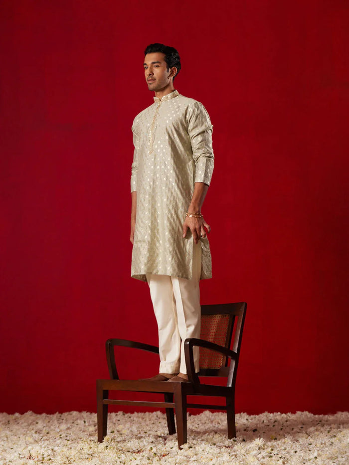 Men's Green Silk Blend Jacquard Kurta With Pant Set
