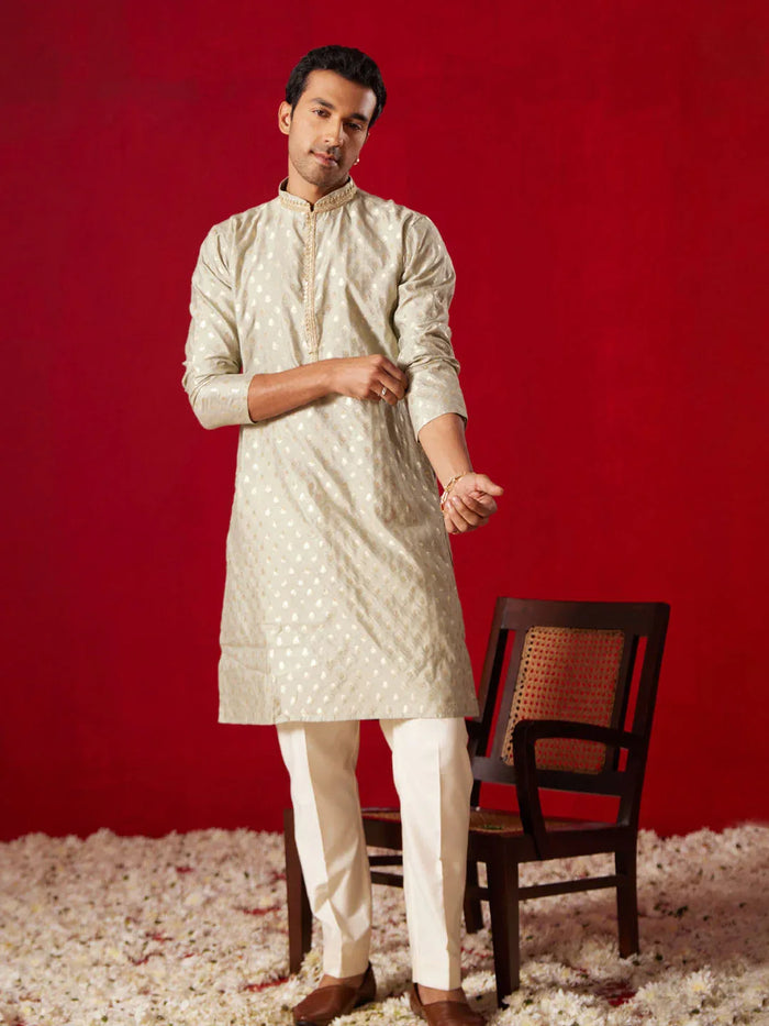 Men's Green Silk Blend Jacquard Kurta With Pant Set