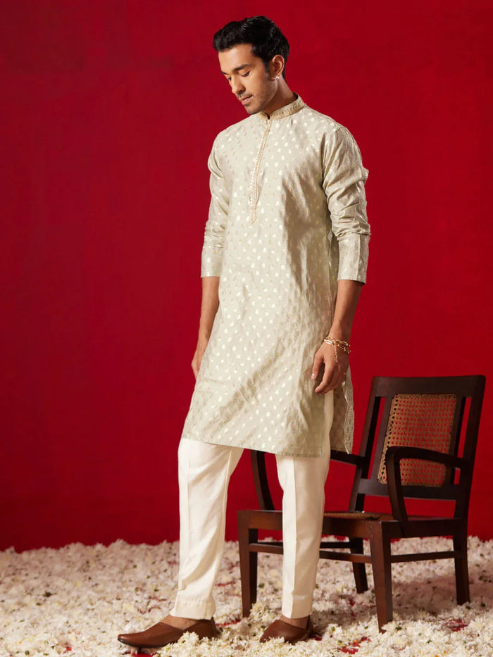 Men's Green Silk Blend Jacquard Kurta With Pant Set