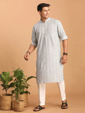 Men's Grey And White Batik Printed Kurta With White Pant Set
