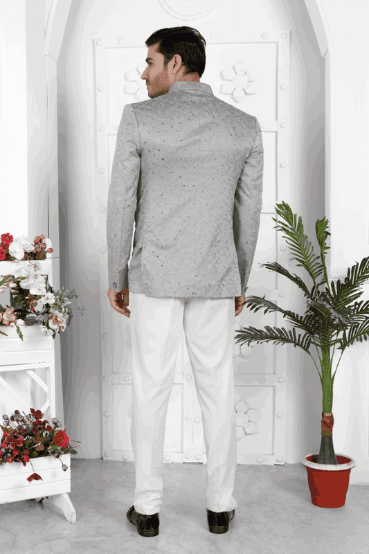 Men's Grey Art Silk Thread Work Jodhpuri Jacket