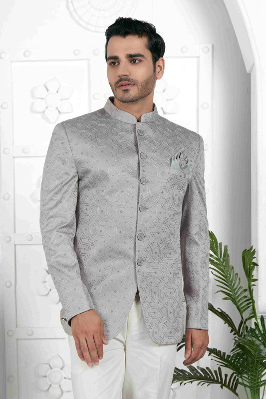 Men's Grey Art Silk Thread Work Jodhpuri Jacket