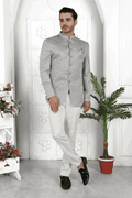 Men's Grey Art Silk Thread Work Jodhpuri Jacket