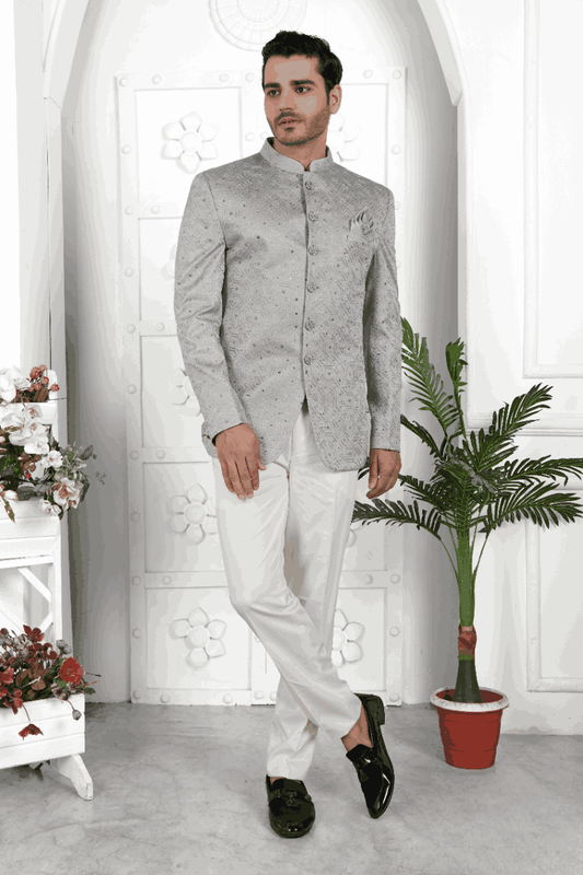 Men's Grey Art Silk Thread Work Jodhpuri Jacket
