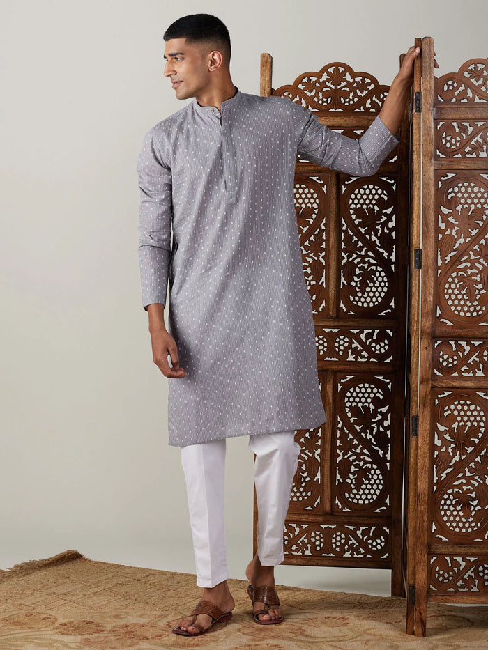 Men's Grey Cotton Jacquard Kurta With White Pant Set