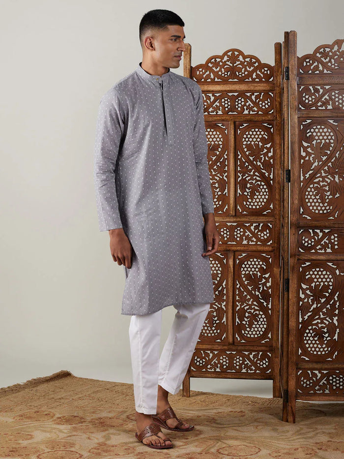 Men's Grey Cotton Jacquard Kurta With White Pant Set