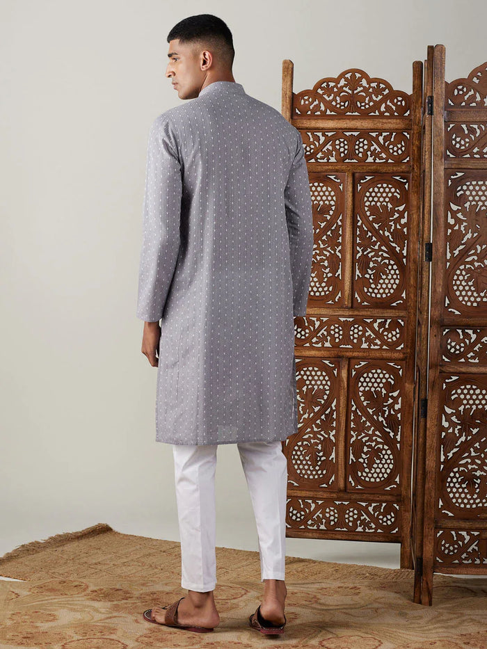 Men's Grey Cotton Jacquard Kurta With White Pant Set