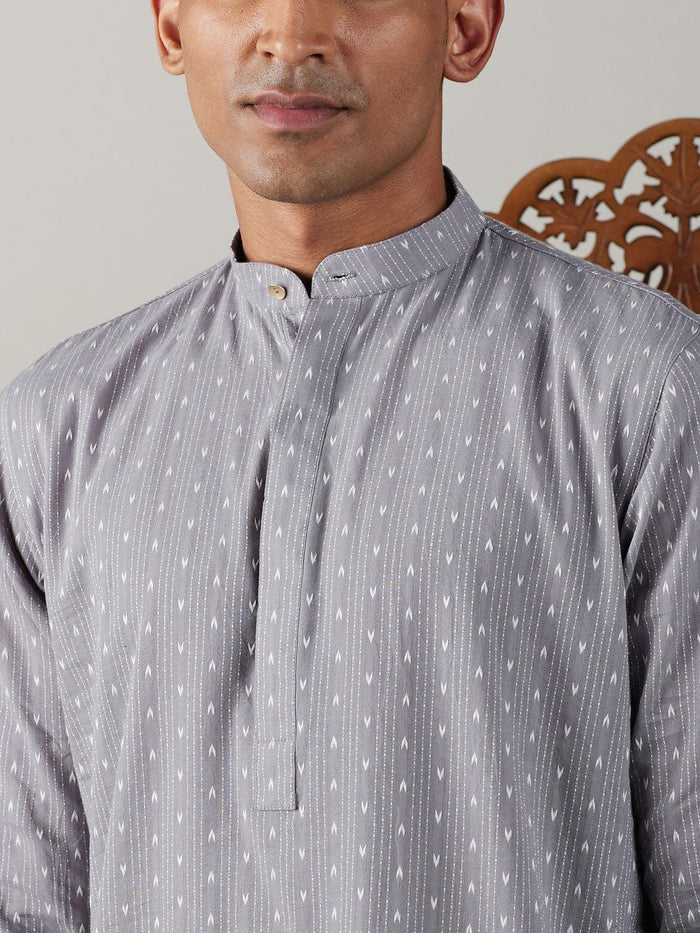 Men's Grey Cotton Jacquard Kurta With White Pant Set