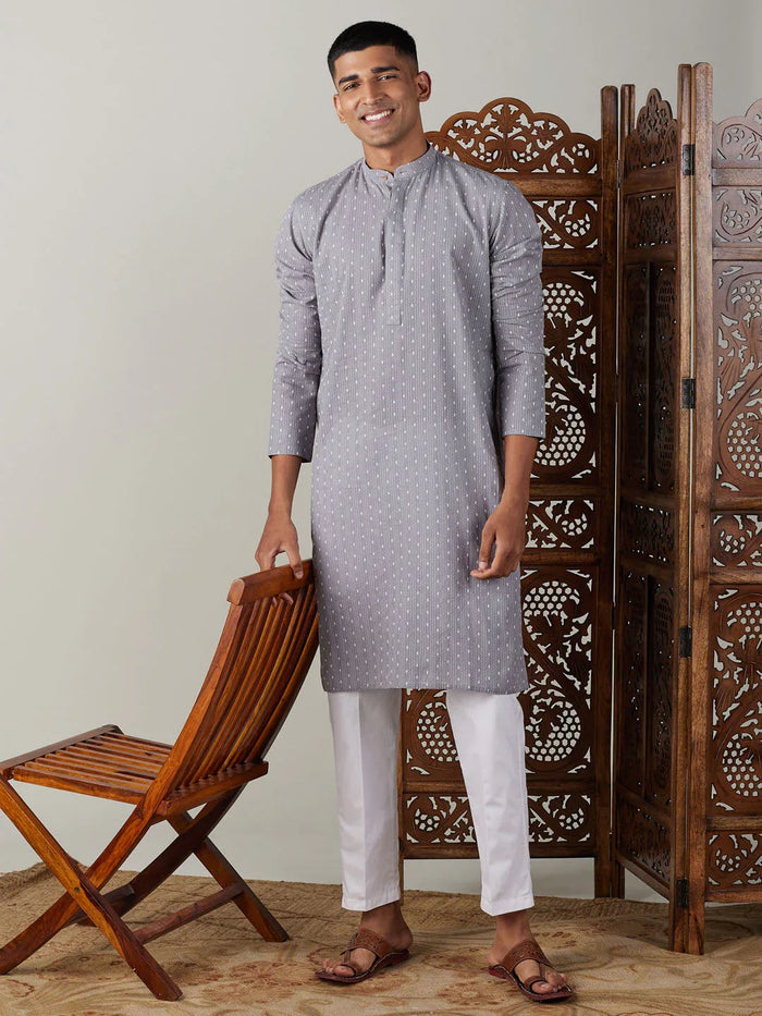 Men's Grey Cotton Jacquard Kurta With White Pant Set
