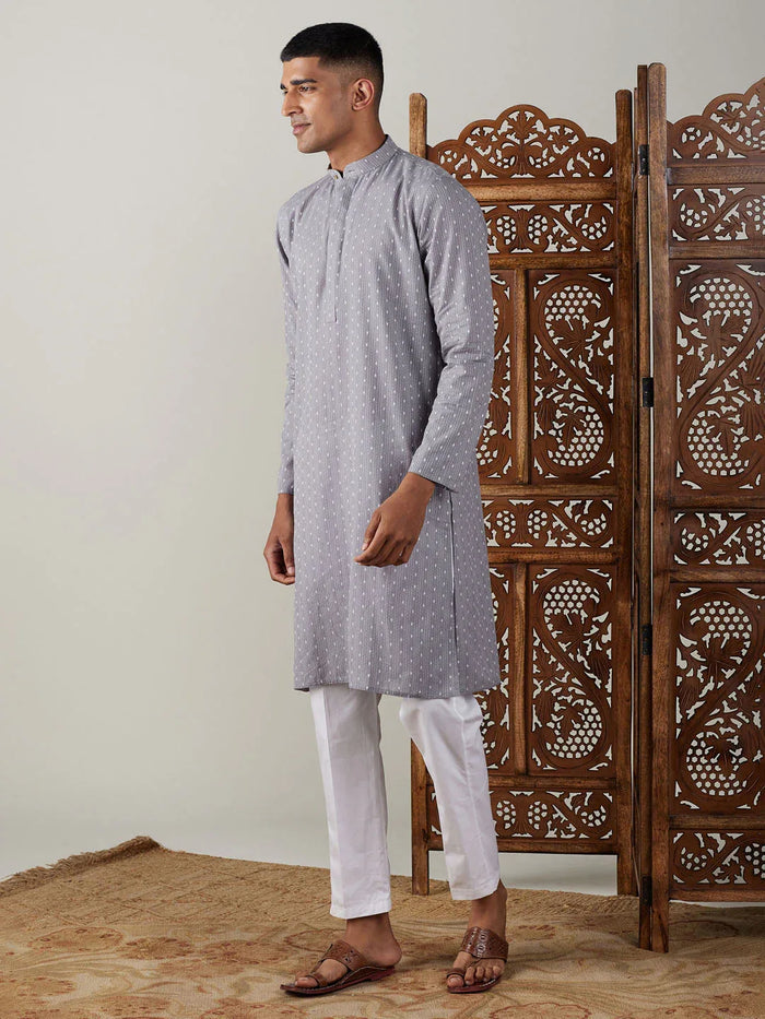 Men's Grey Cotton Jacquard Kurta With White Pant Set