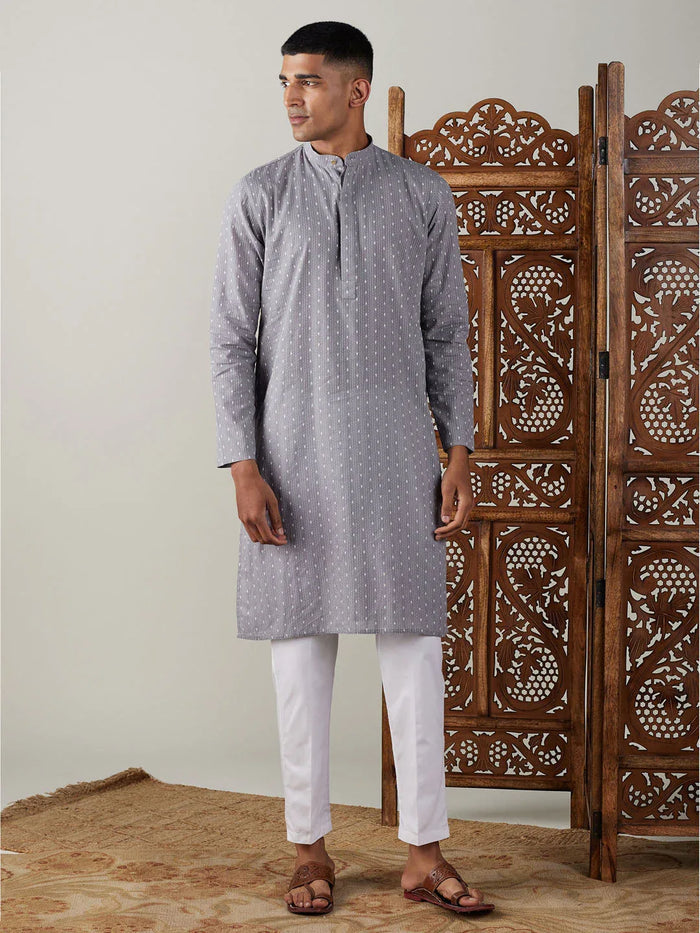 Men's Grey Cotton Jacquard Kurta With White Pant Set