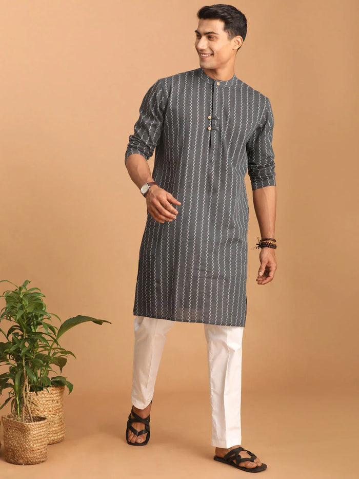 Men's Grey Jacquard Zig Zag Cotton Kurta With Pant Set