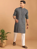 Men's Grey Jacquard Zig Zag Cotton Kurta With Pant Set