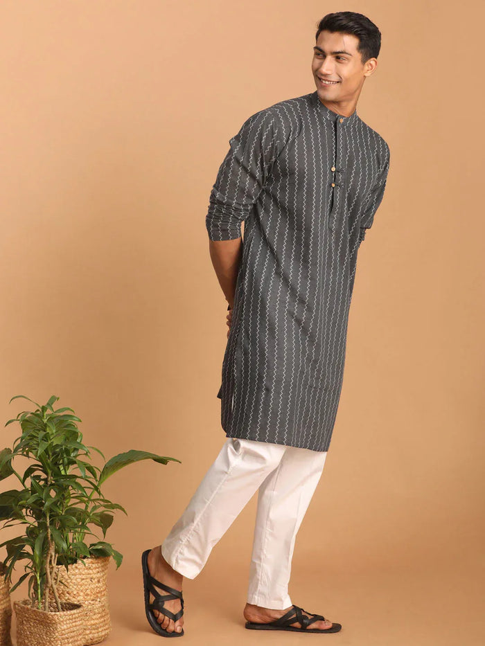 Men's Grey Jacquard Zig Zag Cotton Kurta With Pant Set