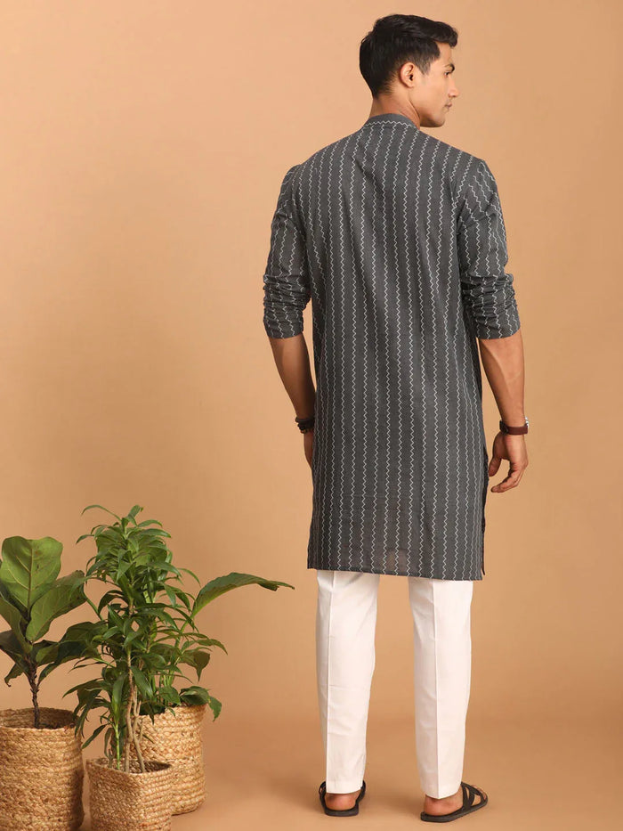Men's Grey Jacquard Zig Zag Cotton Kurta With Pant Set