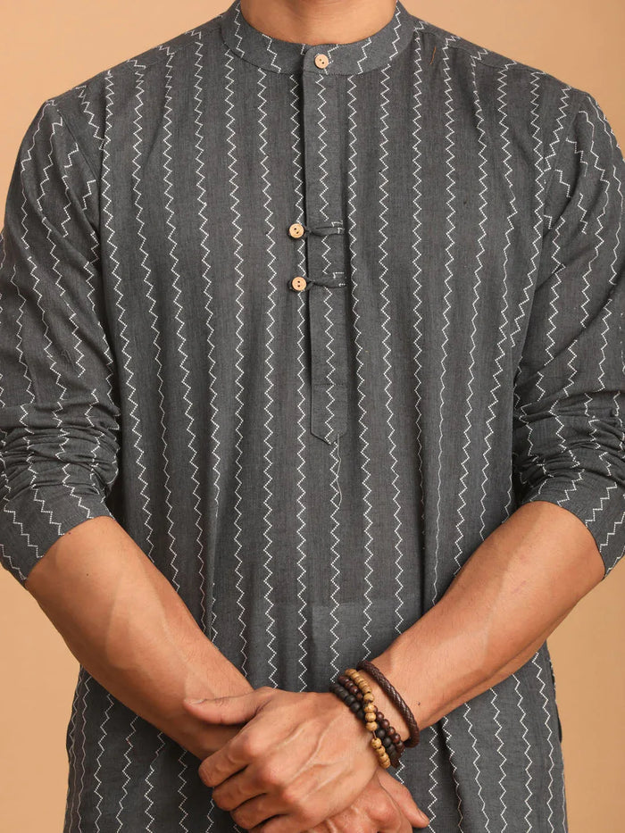 Men's Grey Jacquard Zig Zag Cotton Kurta With Pant Set