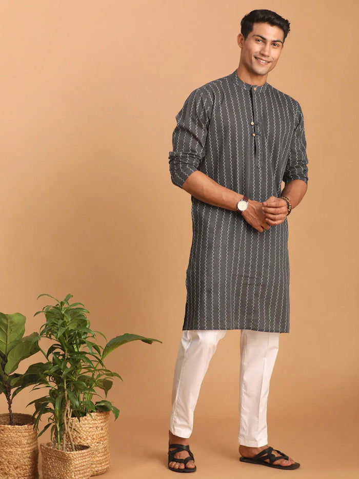 Men's Grey Jacquard Zig Zag Cotton Kurta With Pant Set